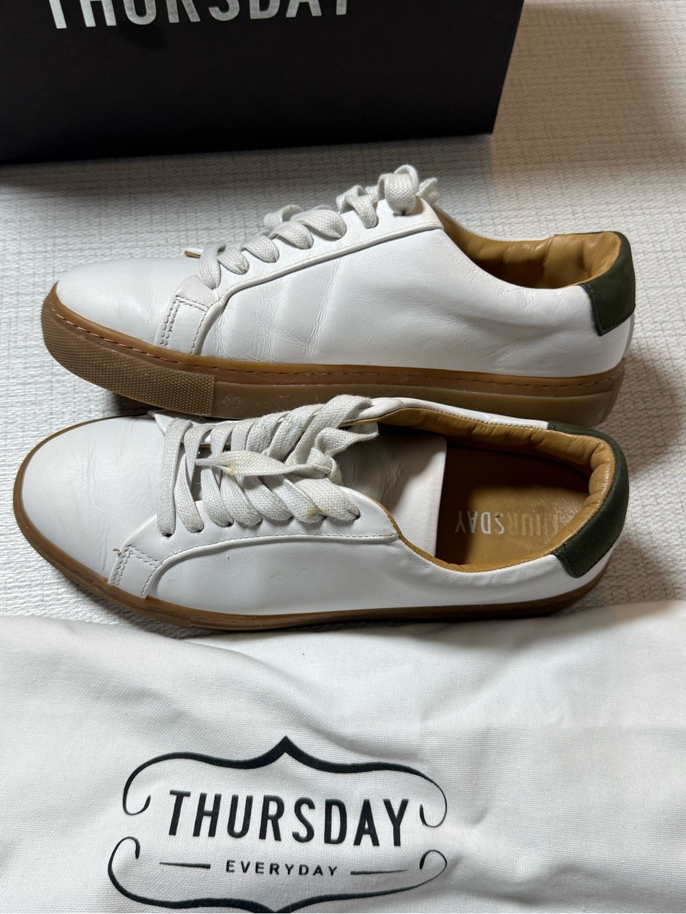Thursday Boot Company Women’s White Sneakers with Gum Sole and Olive Heel - Picture 7 of 7